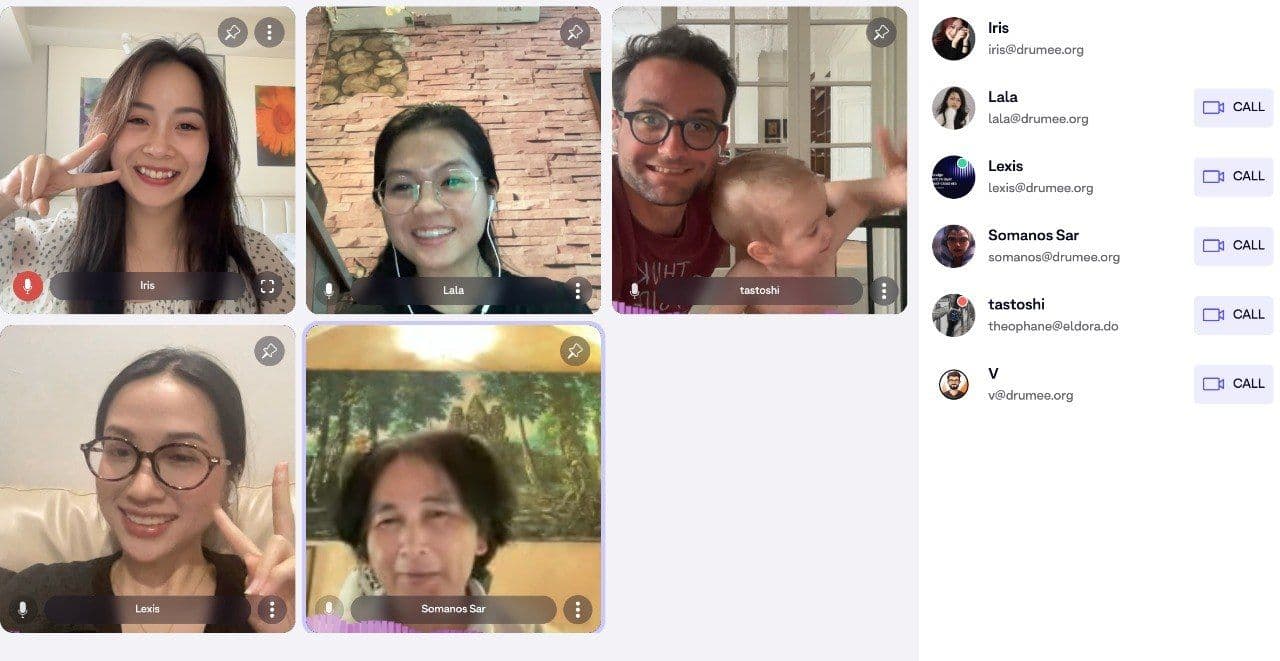 Drumee meeting board with active video call participants and member call controls