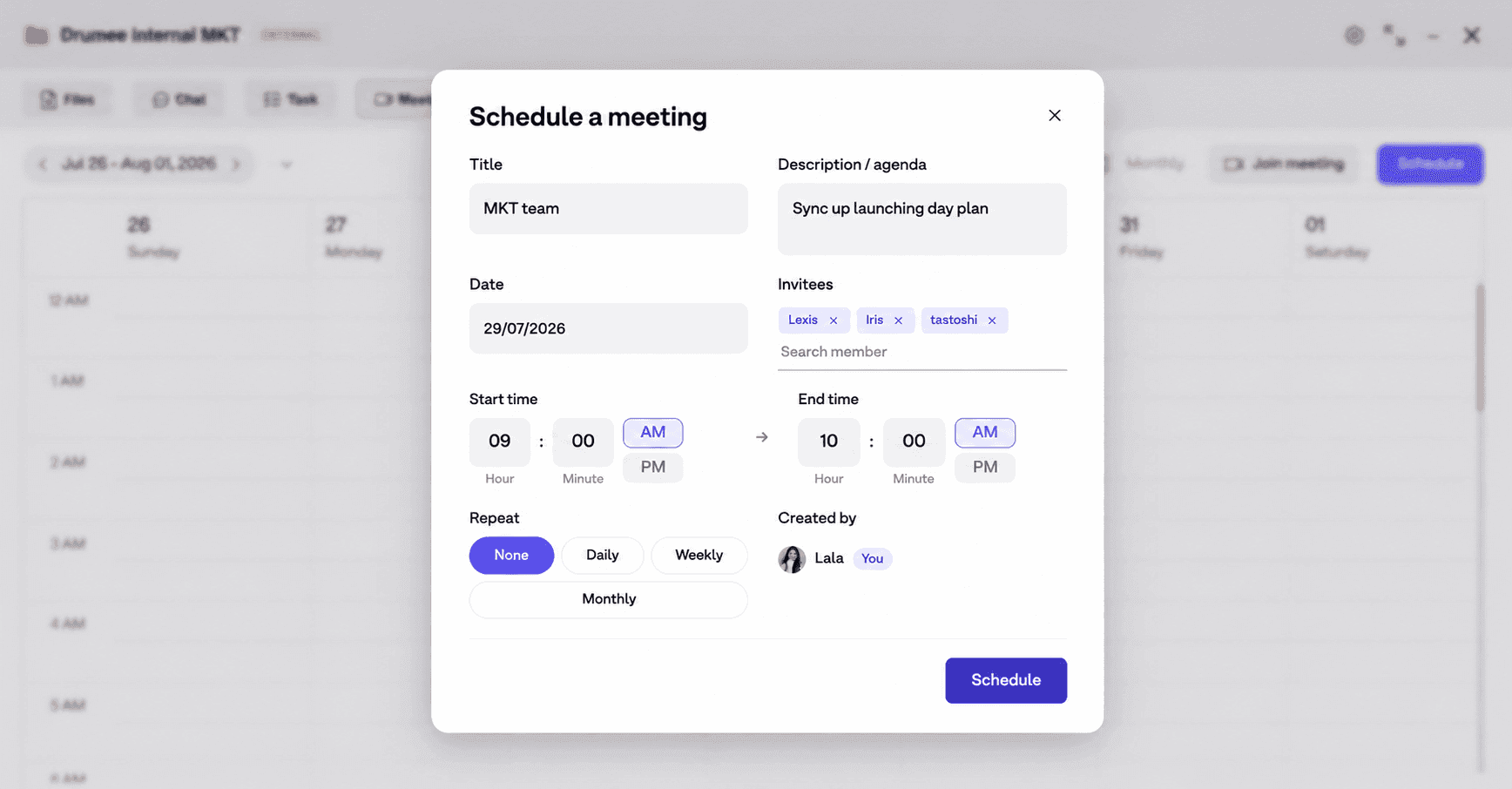 Schedule a meeting details dialog