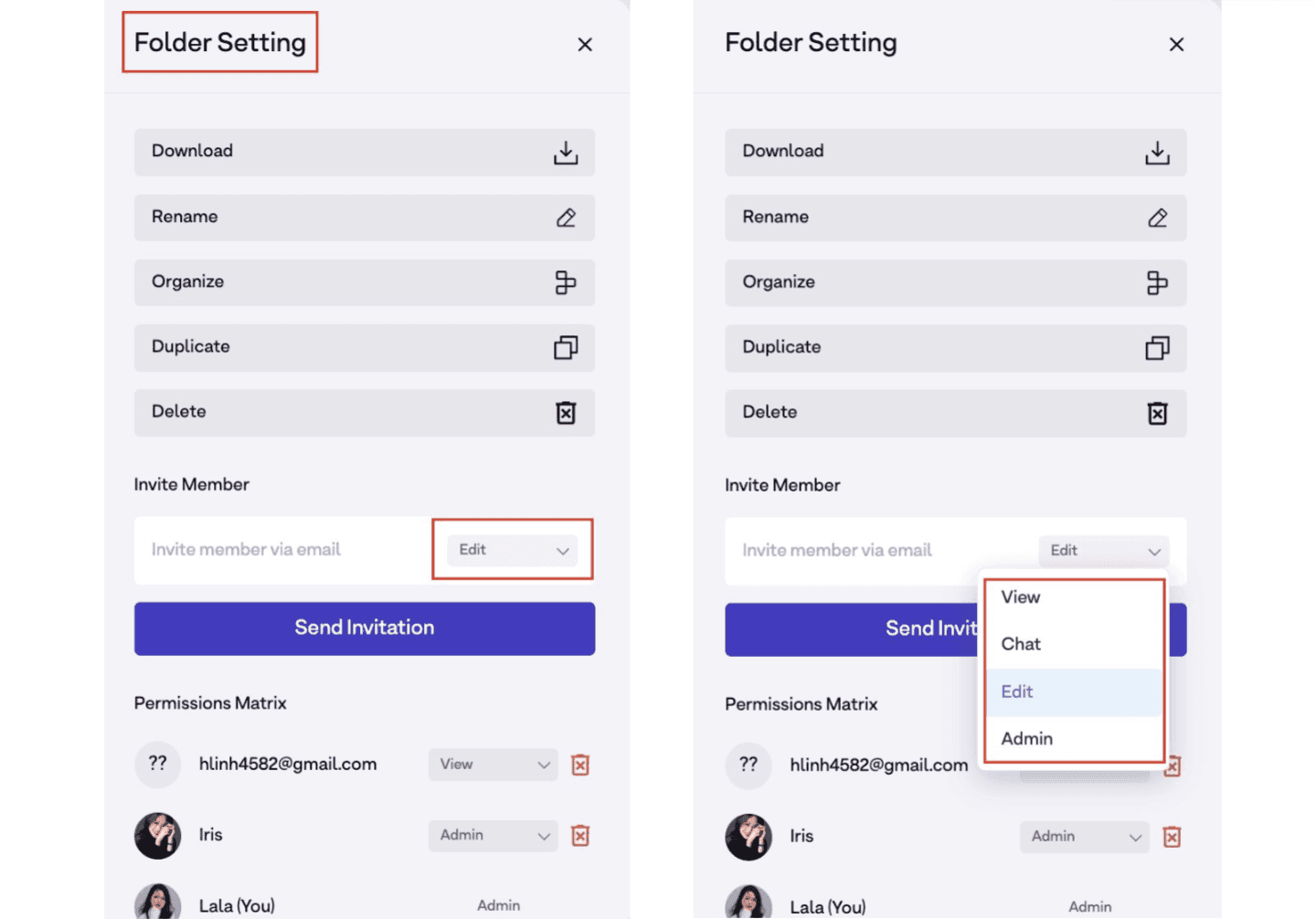 Folder permissions matrix in Drumee