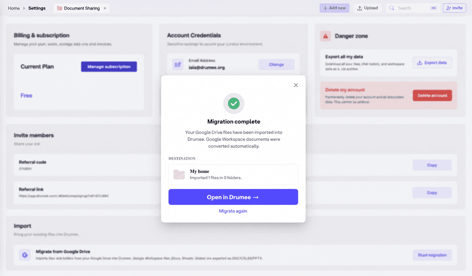 Migration complete dialog in Drumee